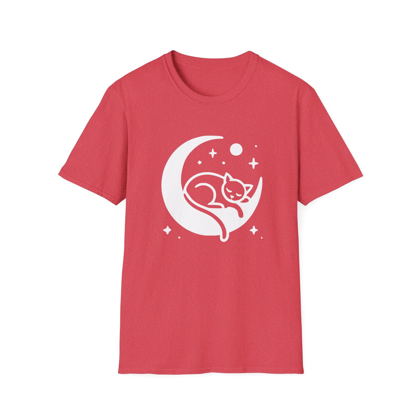 a heather red colored t-shirt with an image of a kitten sleeping on a crescent moon