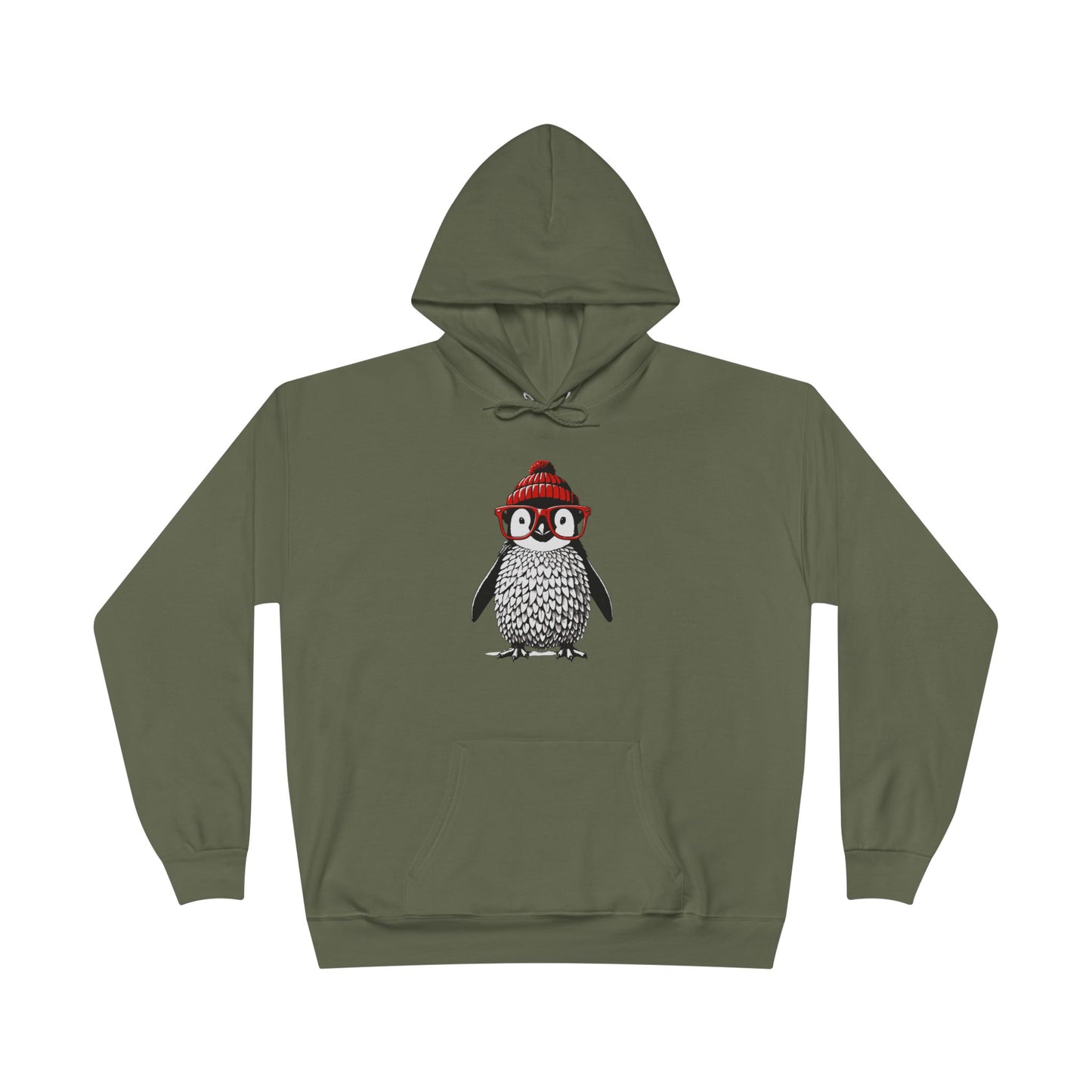 a fatigue green colored hoodie with an image of a penguin wearing a red beanie and red eyeglasses