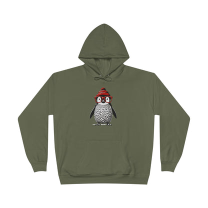 a fatigue green colored hoodie with an image of a penguin wearing a red beanie and red eyeglasses