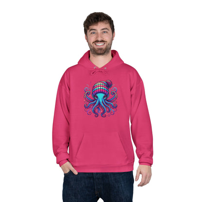 a man wearing an athletic teal colored hoodie with an image of jewel-toned octopus wearing a knit cap