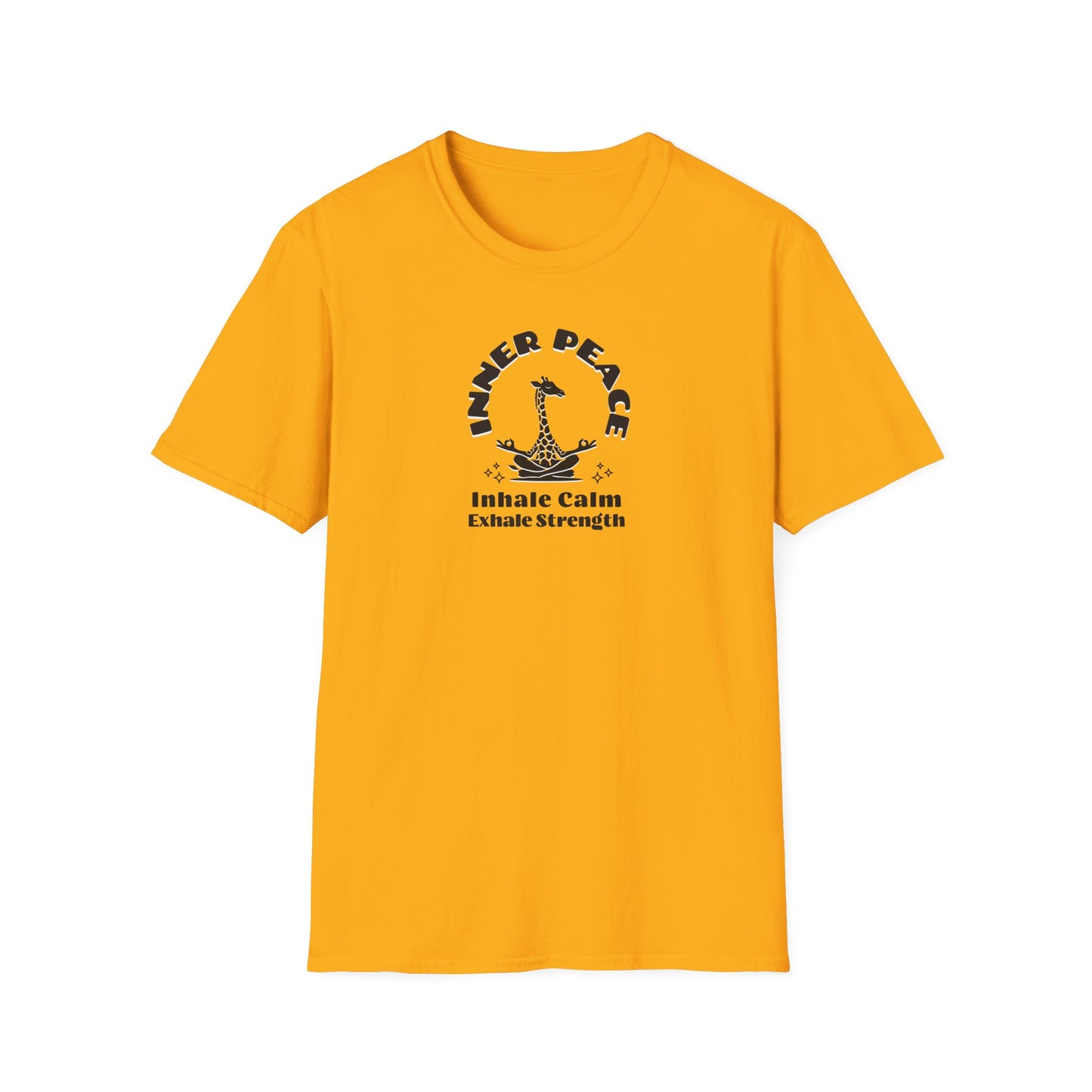  a gold  colored t-shirt with image of a giraffe in a zen position with the text surrounding image, inner peace, inhale clam exhale strengths.