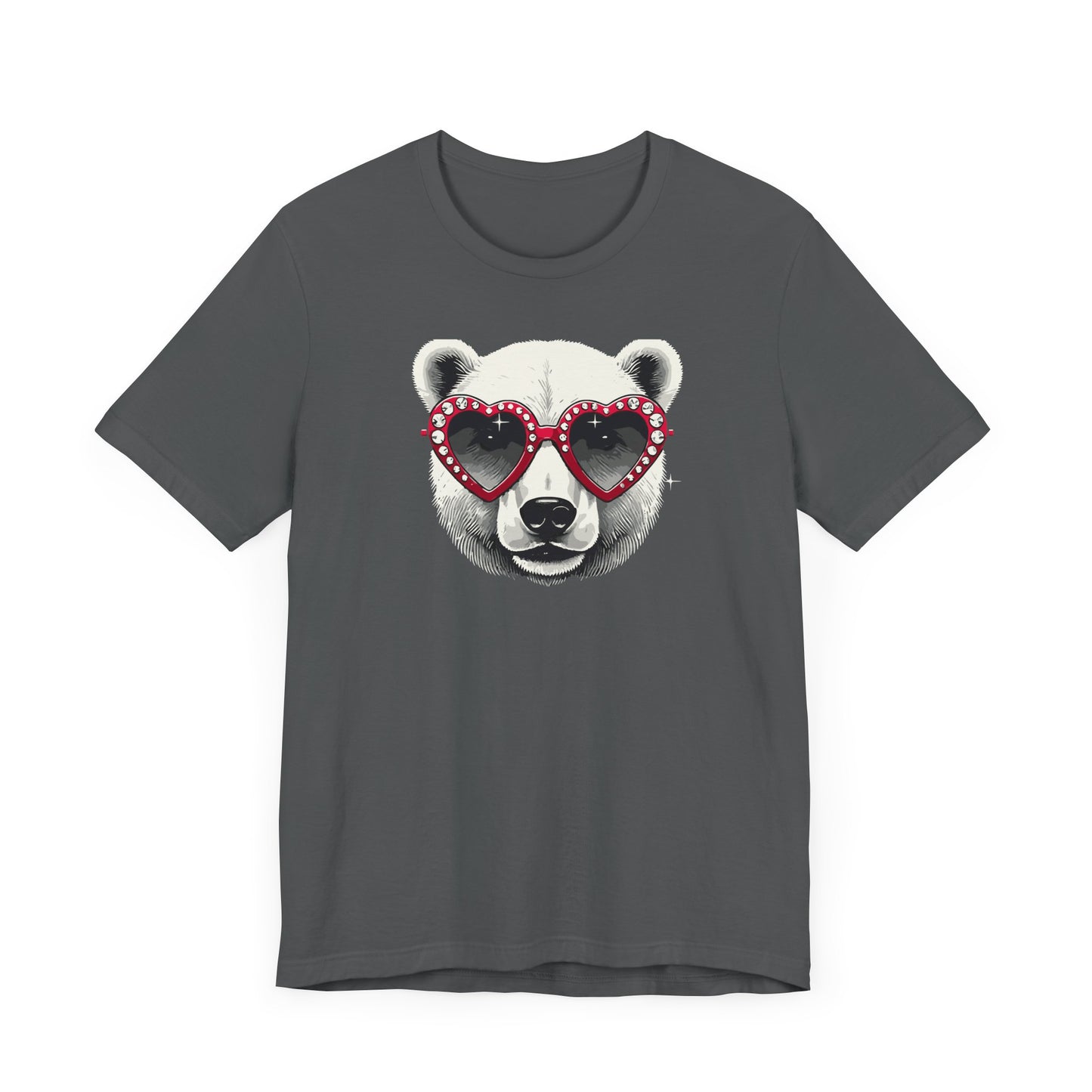 an asphalt color t-shirt with a white polar bear face wearing a a heart-shaped sunglasses 