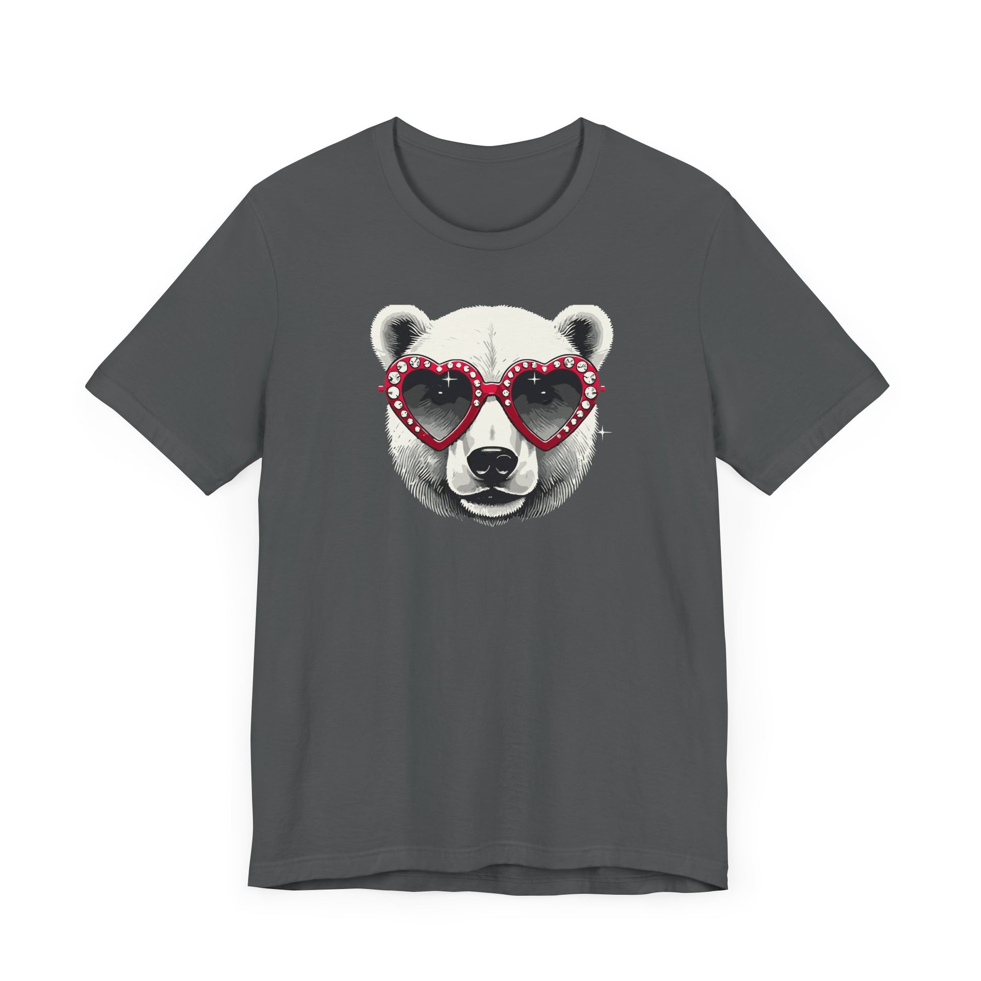 an asphalt color t-shirt with a white polar bear face wearing a a heart-shaped sunglasses 