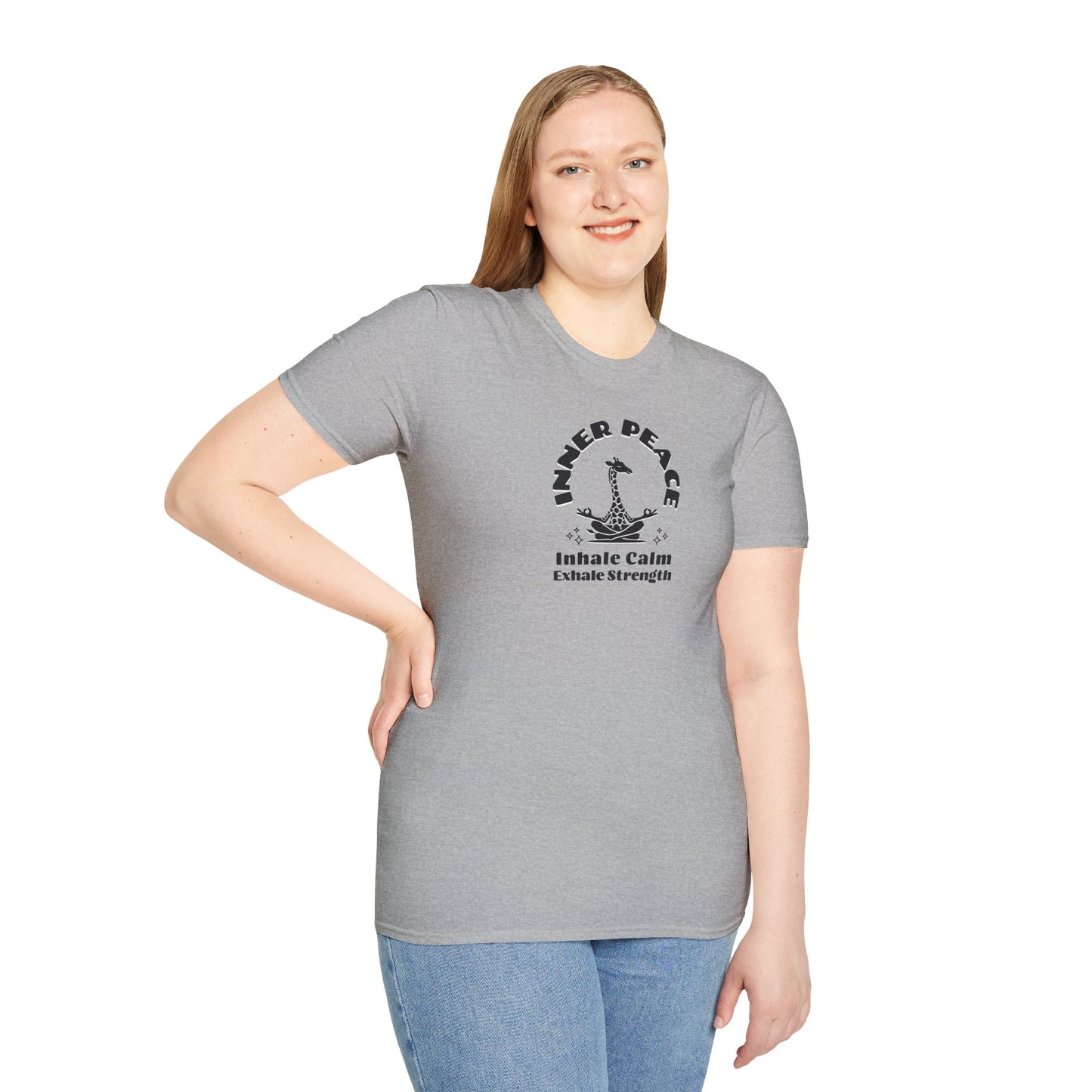  a woman is wearing a sport grey colored t-shirt with image of a giraffe in a zen position with the text surrounding image, inner peace, inhale clam exhale strengths.