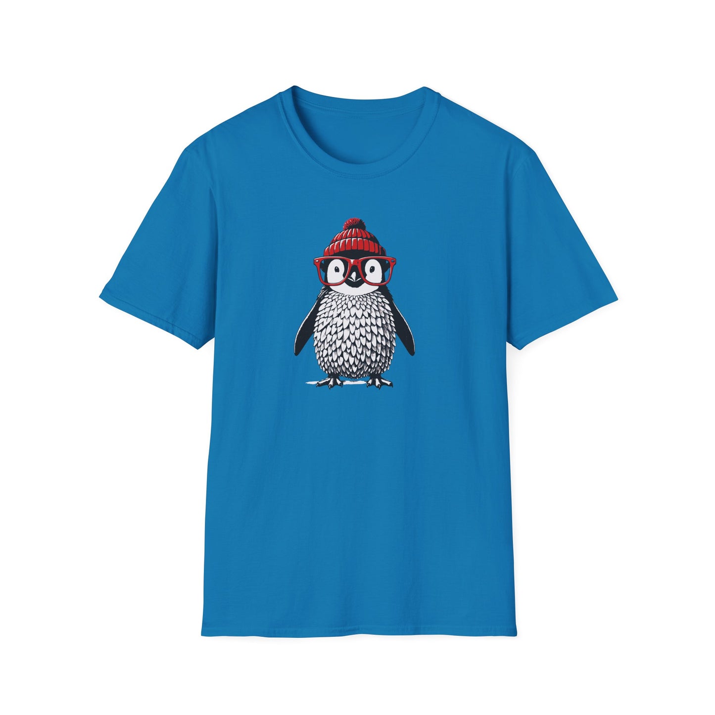 a sapphire colored t-shirt with an image of a penguin wearing a red beanie and red eyeglasses