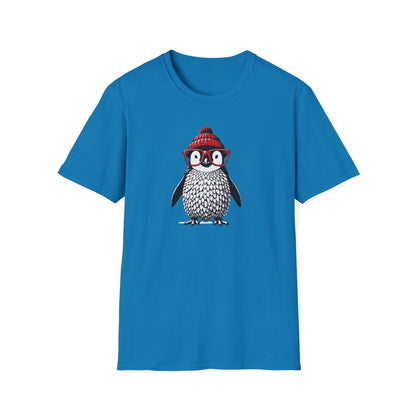 a sapphire colored t-shirt with an image of a penguin wearing a red beanie and red eyeglasses