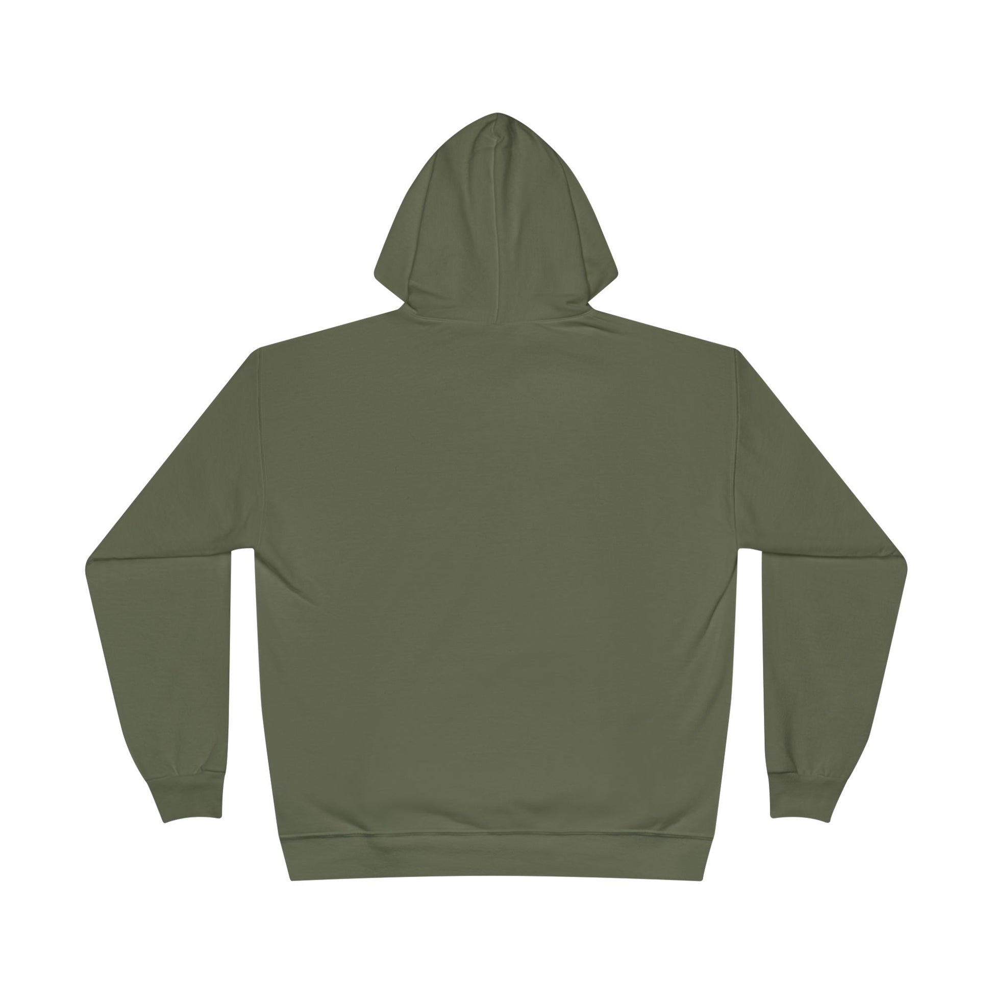 a back image of a fatigue green color hoodie