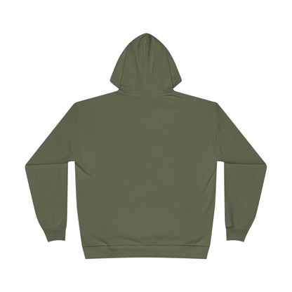 a back image of a fatigue green color hoodie