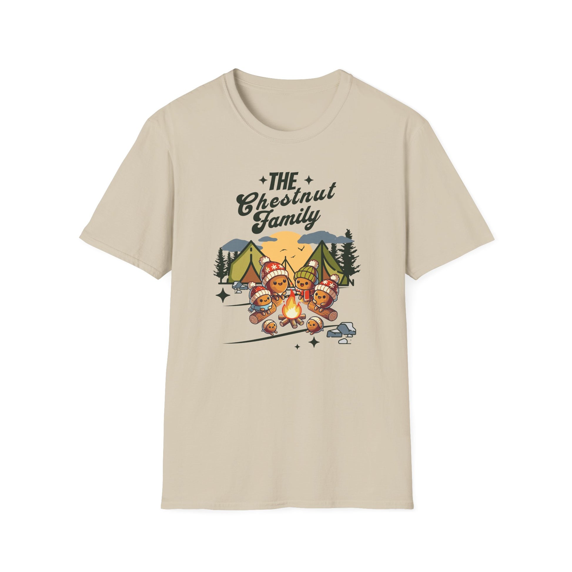 a sand colored t-shirt with an image of a cartoon family of chestnuts sitting by an open fire at a campsite
