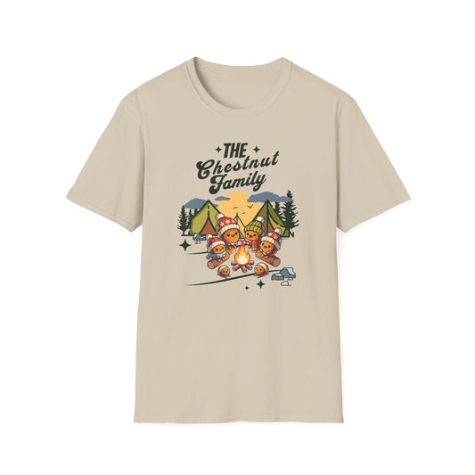 a sand colored t-shirt with an image of a cartoon family of chestnuts sitting by an open fire at a campsite