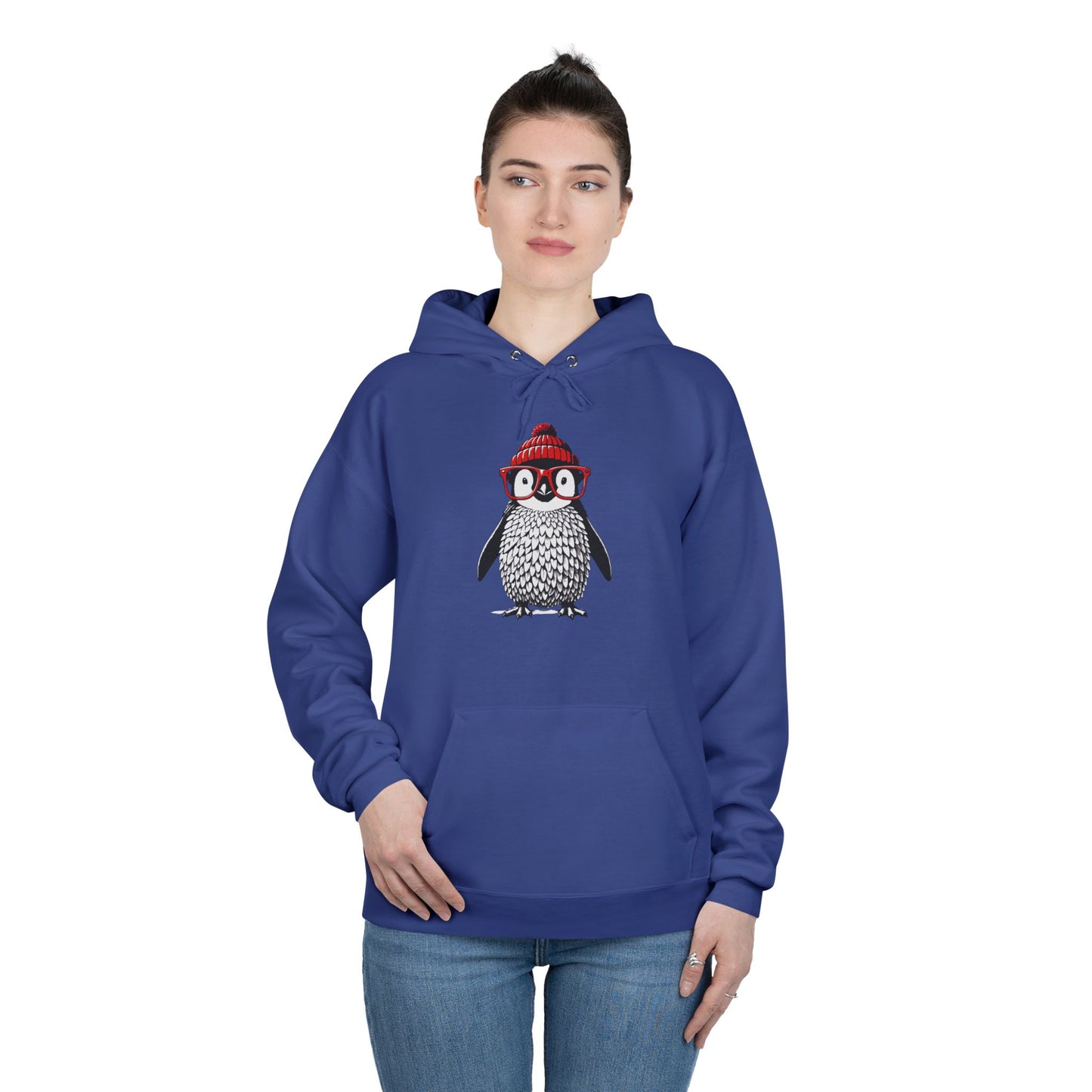 a woman wearing a royal blue colored hoodie with an image of a penguin wearing a red beanie and red eyeglasses