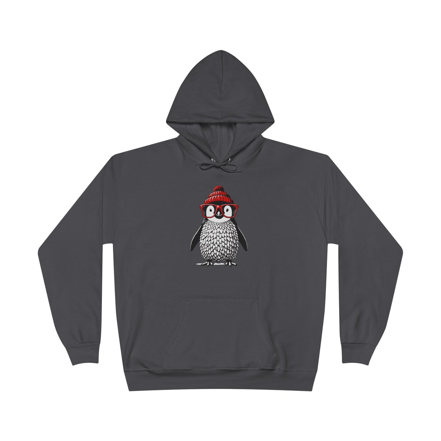 a smoke grey colored hoodie with an image of a penguin wearing a red beanie and red eyeglasses