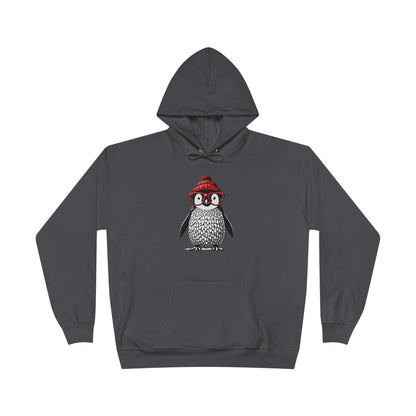 a smoke grey colored hoodie with an image of a penguin wearing a red beanie and red eyeglasses