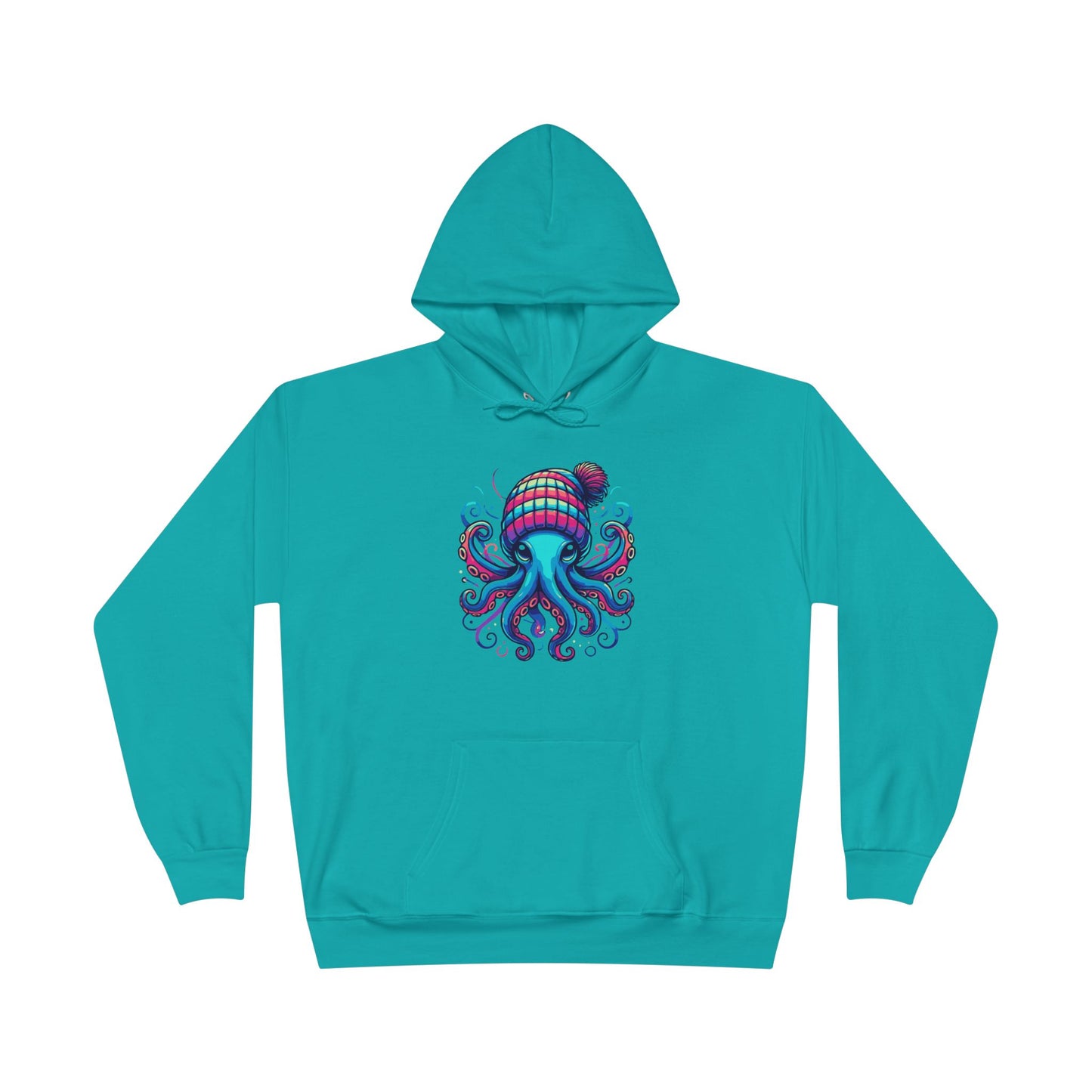 an athletic teal colored hoodie with an image of jewel-toned octopus wearing a knit cap