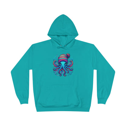 an athletic teal colored hoodie with an image of jewel-toned octopus wearing a knit cap