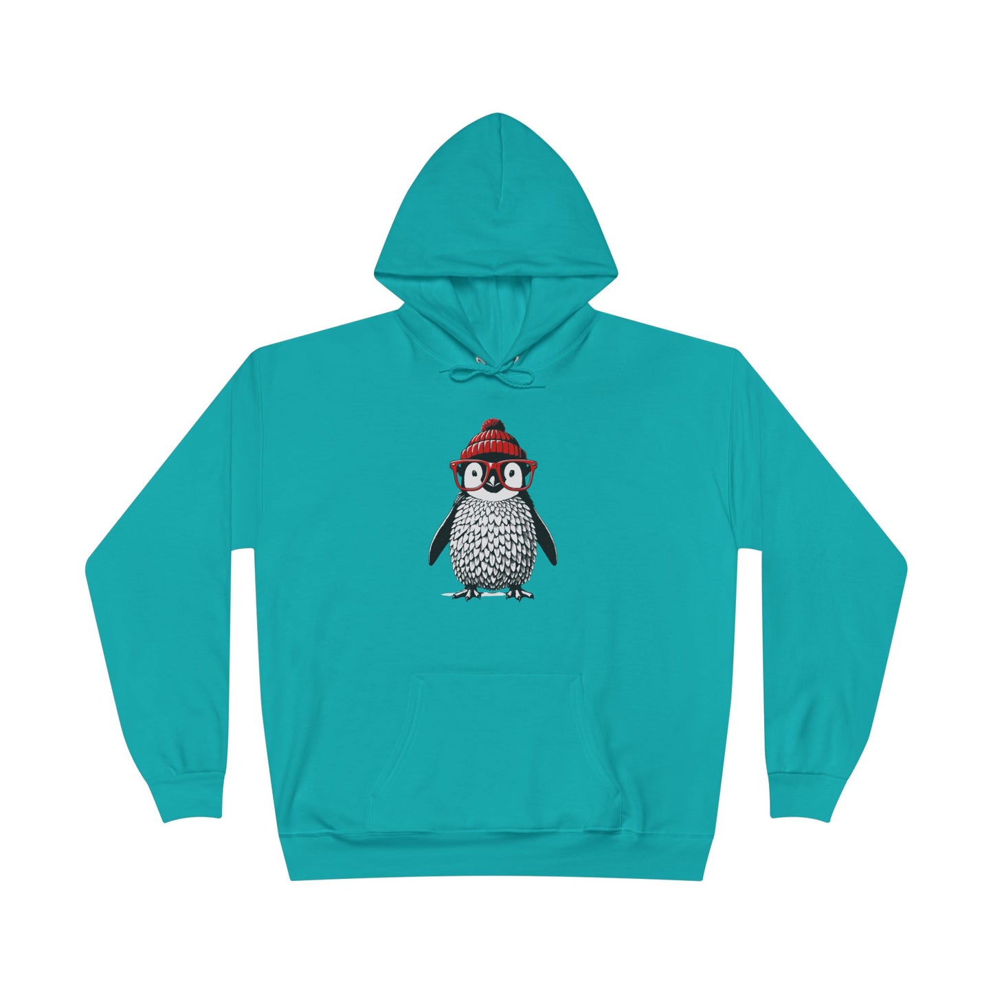 athletic teal colored hoodie with an image of a penguin wearing a red beanie and red eyeglasses