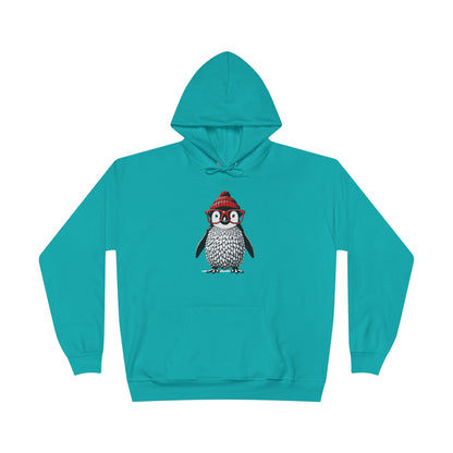 athletic teal colored hoodie with an image of a penguin wearing a red beanie and red eyeglasses