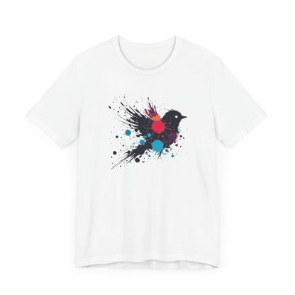  a white color t-shirt with an image of blue red and orange paint splatter bird