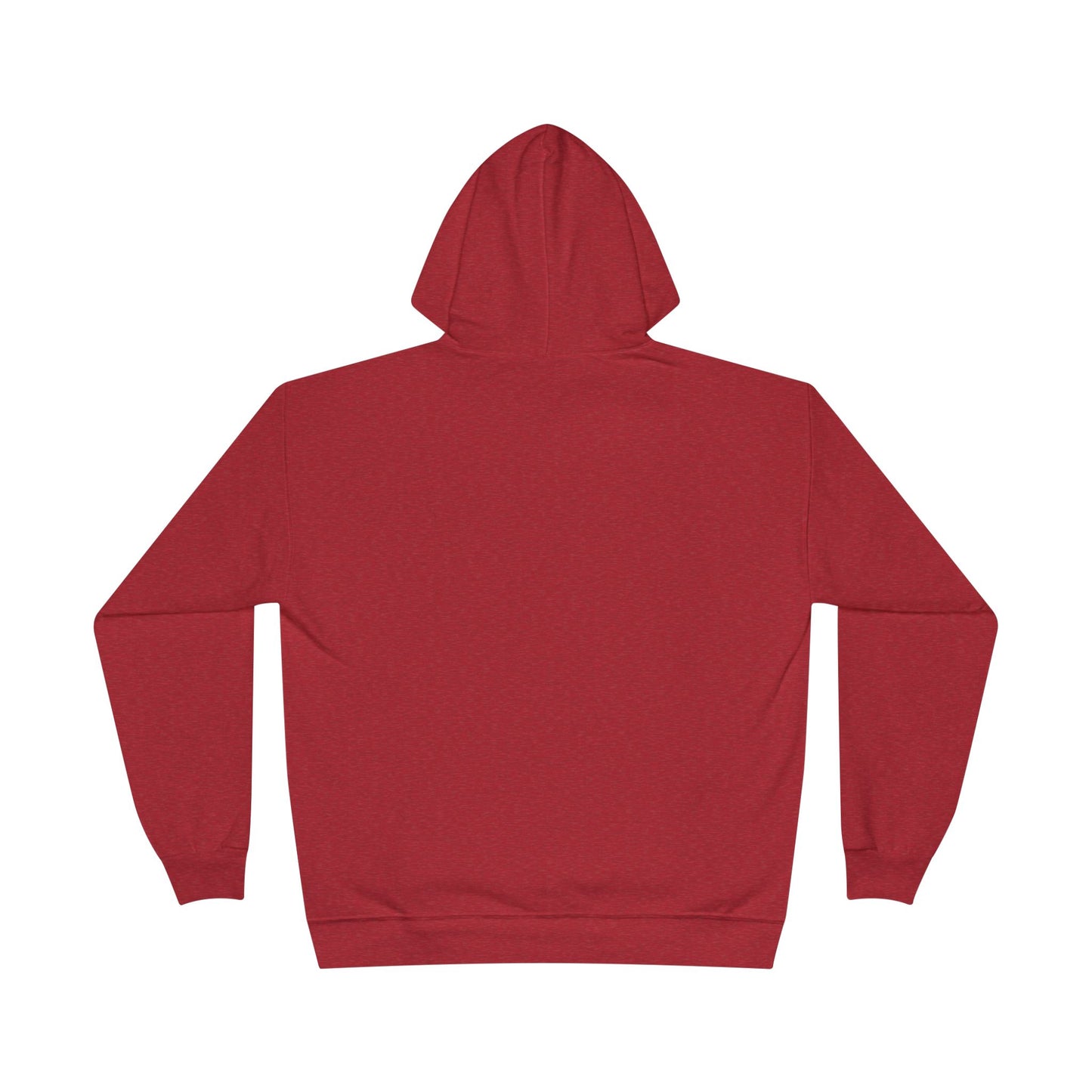 a back image of a heather red color hoodie