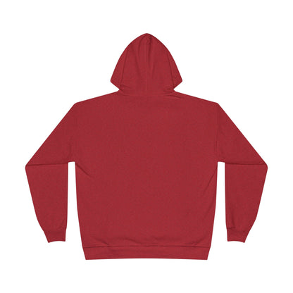 a back image of a heather red color hoodie