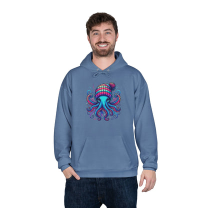 a man wearing an denim blue colored hoodie with an image of jewel-toned octopus wearing a knit cap