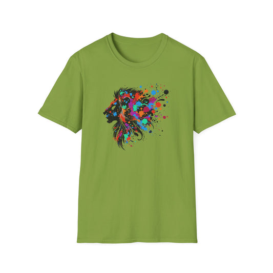 a kiwi colored tshirt featuring a vibrant ink splatter forming the side profile of a lion's head, showcasing bold colors and dynamic artistic detail.