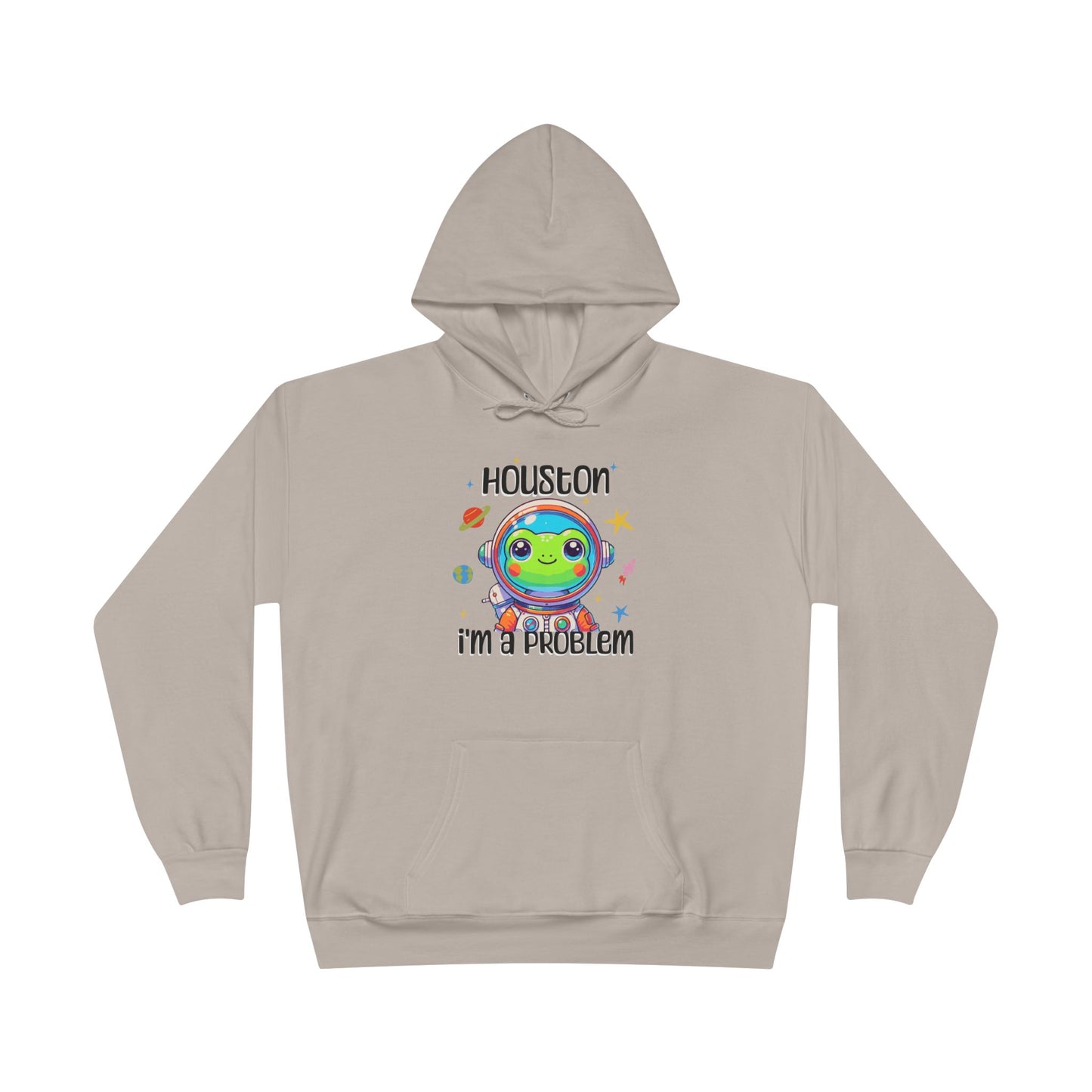 a sand colored hoodie with graphic of a cute astronaut frog in a spacesuit, ready for an interstellar adventure. The design showcases the frog as a space cadet, radiating charm and joy, perfect for spreading smiles across the galaxy