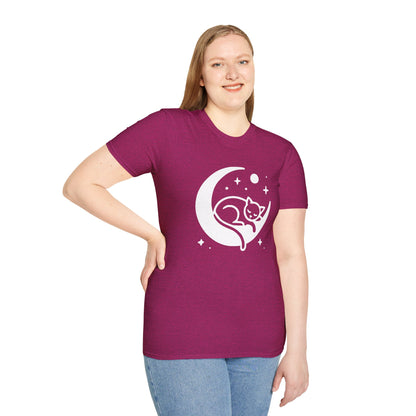 a woman wearing a heather sapphire colored t-shirt with an image of a kitten sleeping on a crescent moon