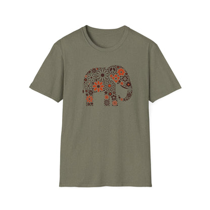 a heather military green color t-shirt with an image of an elephant created out of brown and orange floral design