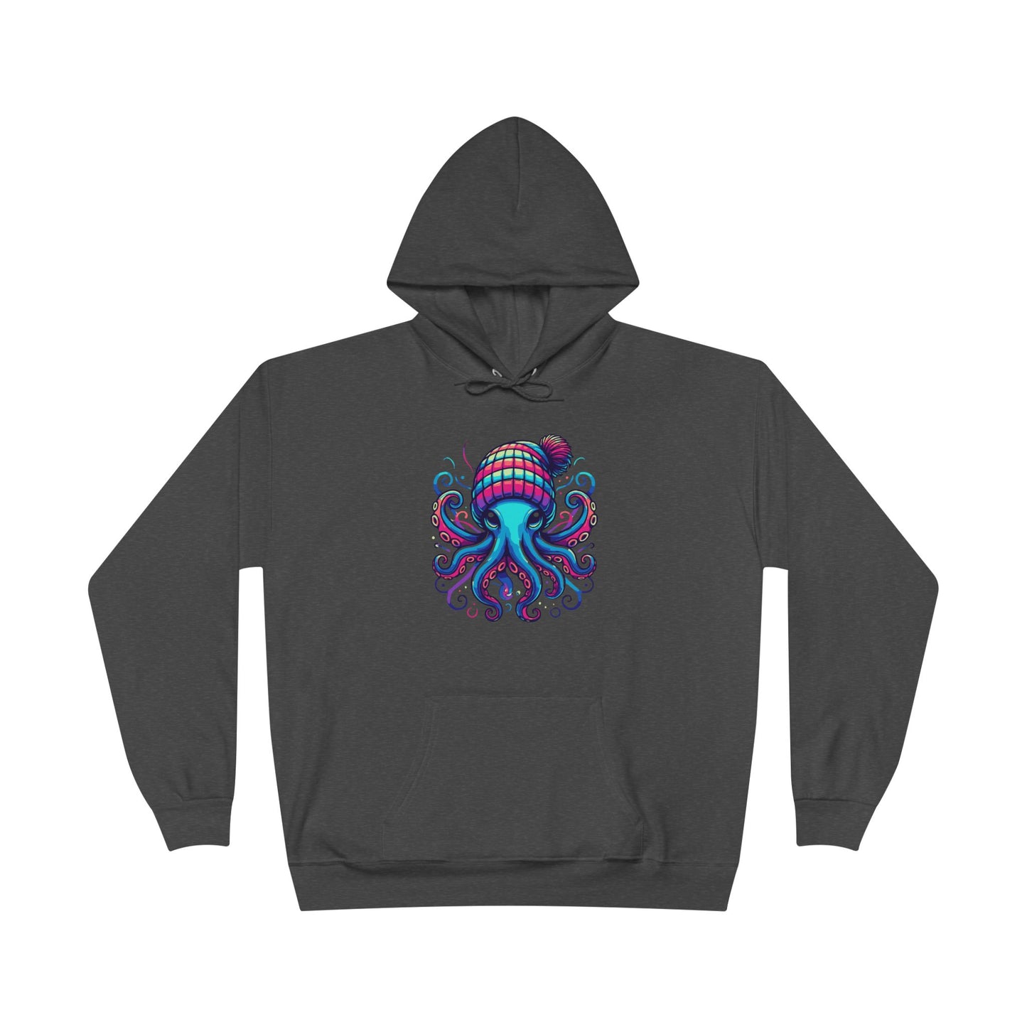 a charcoal heather colored hoodie with an image of jewel-toned octopus wearing a knit cap