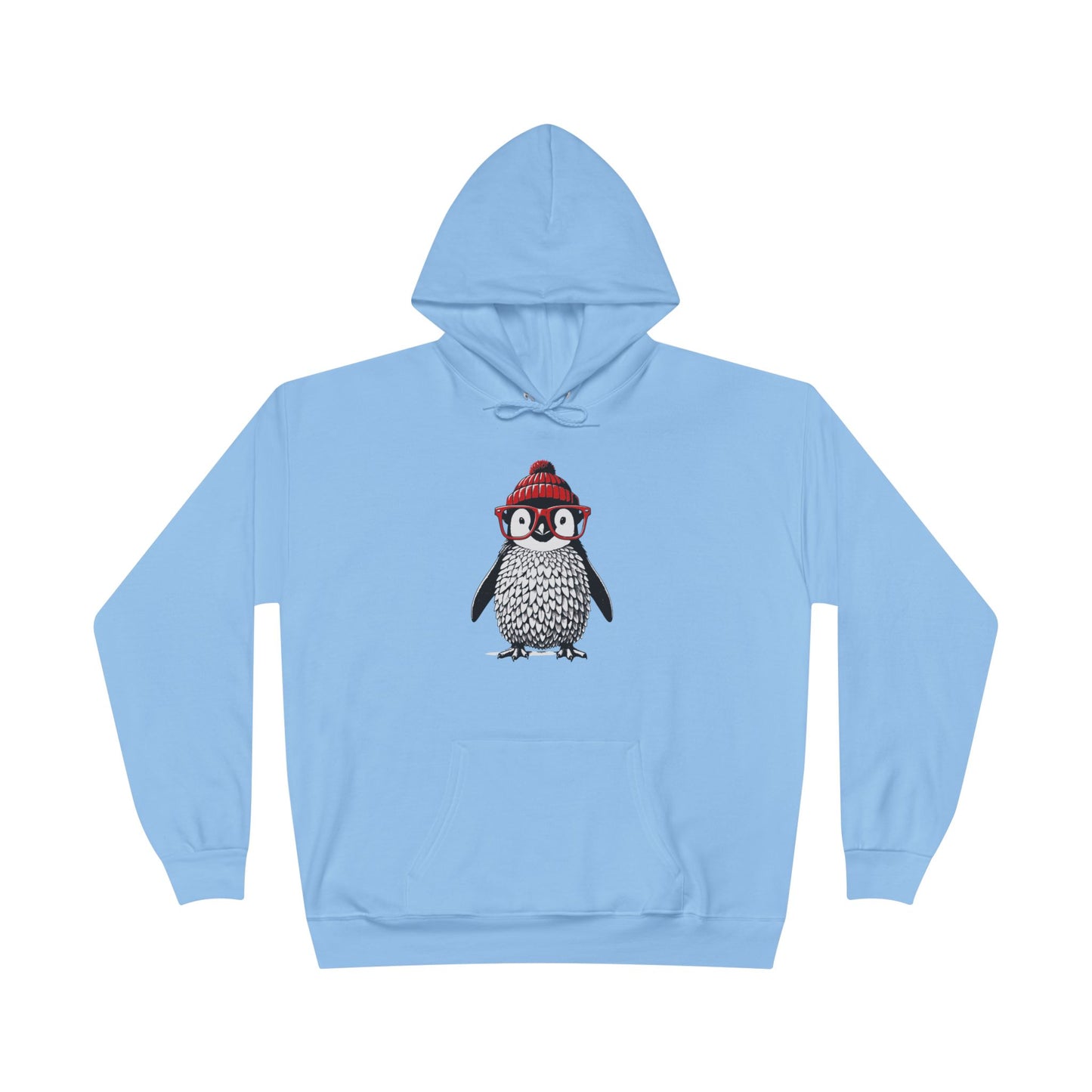 a light blue colored hoodie with an image of a penguin wearing a red beanie and red eyeglasses