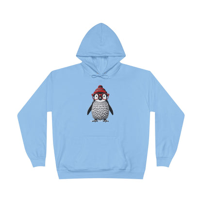 a light blue colored hoodie with an image of a penguin wearing a red beanie and red eyeglasses