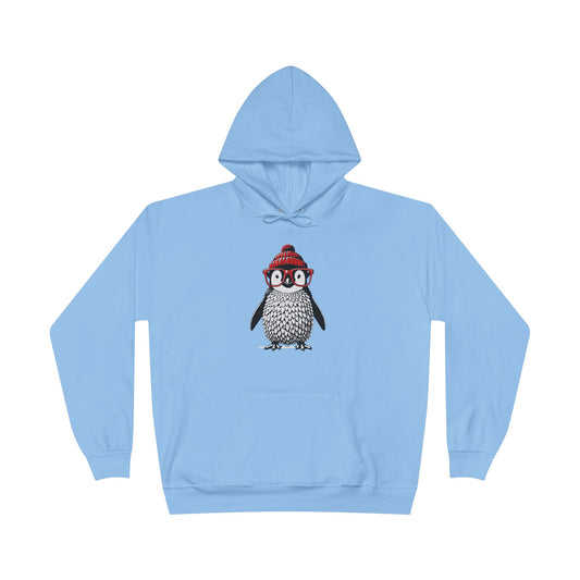 a light blue colored hoodie with an image of a penguin wearing a red beanie and red eyeglasses