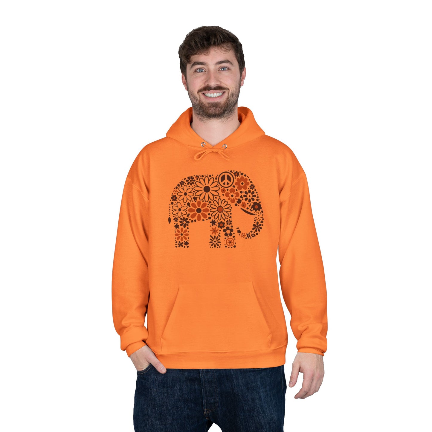 a man wearing a tennessee color hoodie with an image of an elephant created out of brown and orange floral design