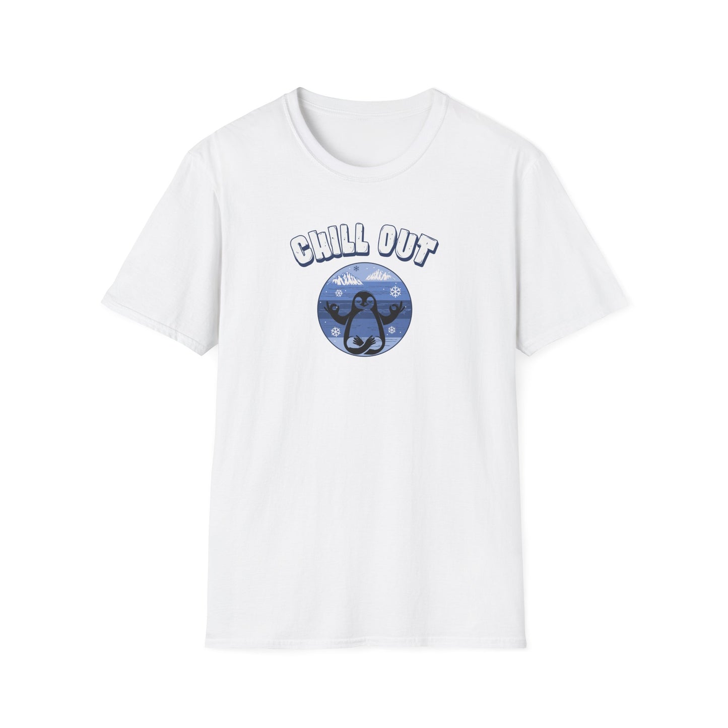 White t-shirt featuring a relaxed penguin in a calm yoga pose, set against serene blue waters, snowy peaks, and gentle snowflakes. Perfect for promoting relaxation and cozy, laid-back vibes.