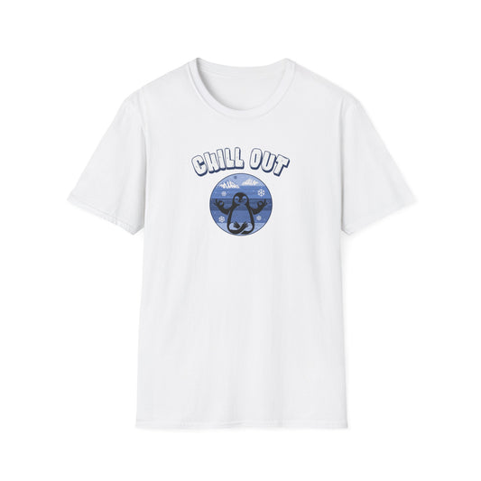 White t-shirt featuring a relaxed penguin in a calm yoga pose, set against serene blue waters, snowy peaks, and gentle snowflakes. Perfect for promoting relaxation and cozy, laid-back vibes.