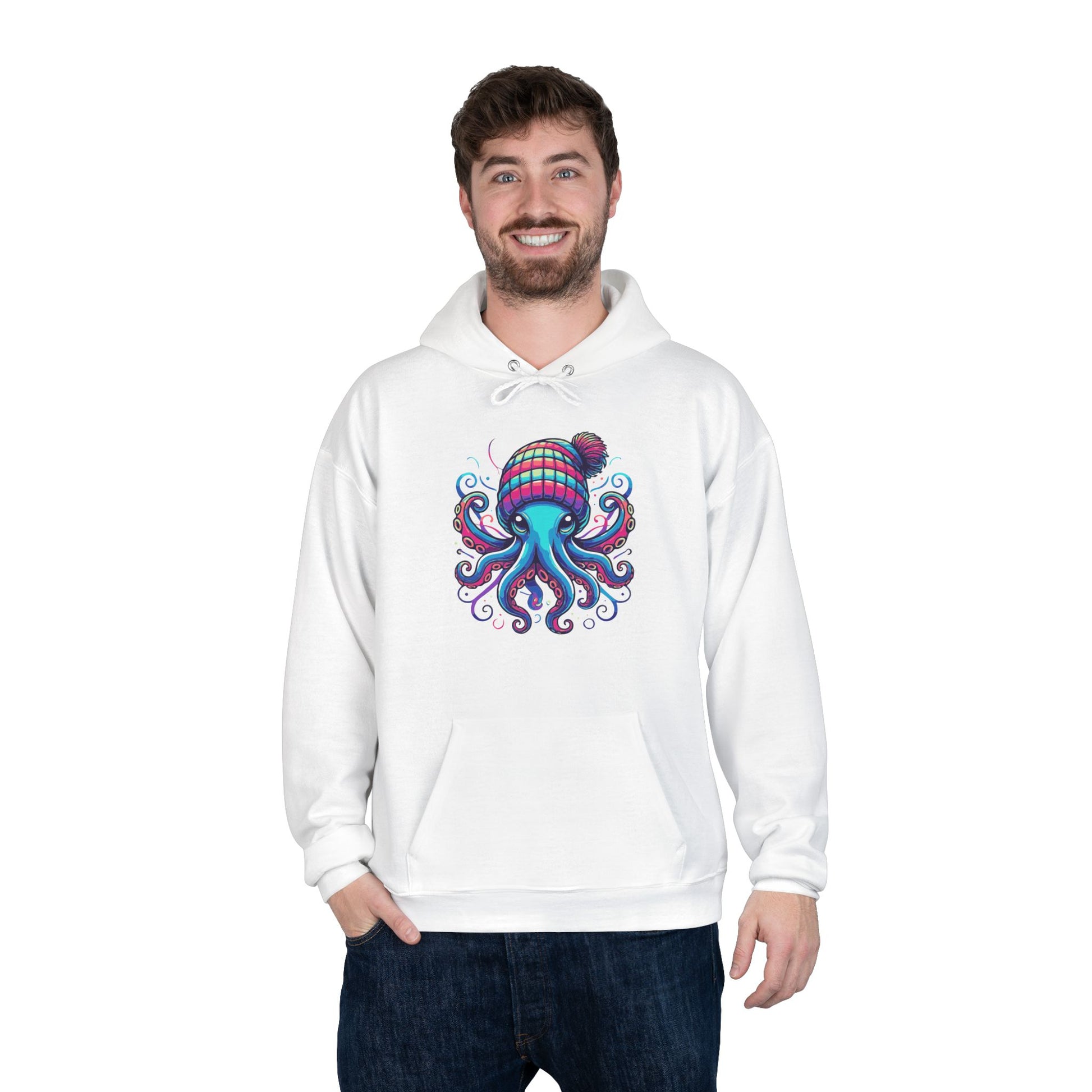 a man wearing a white colored hoodie with an image of jewel-toned octopus wearing a knit cap