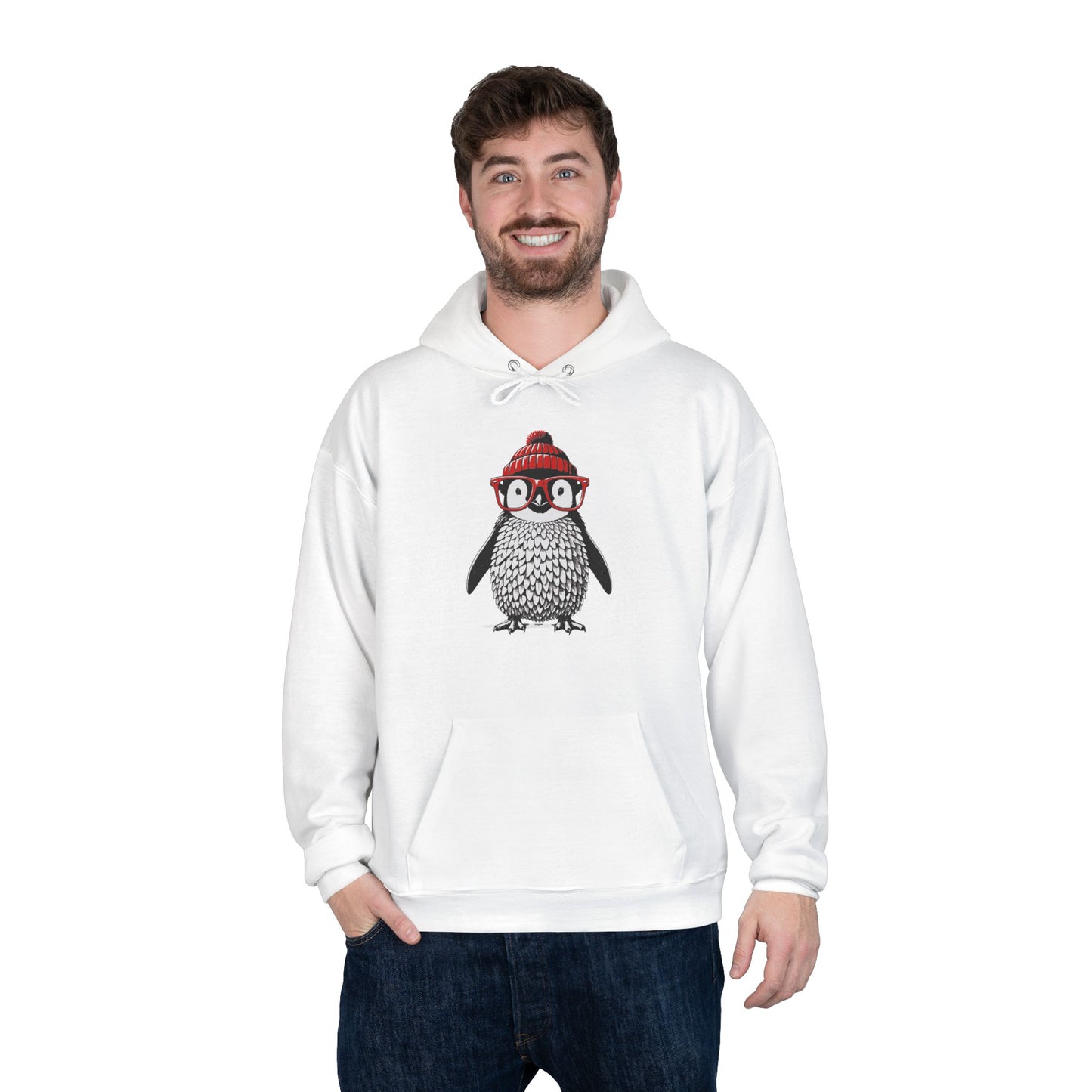 a man wearing a white colored hoodie with an image of a penguin wearing a red beanie and red eyeglasses