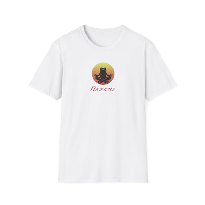 White-colored T-shirt featuring a relaxed frog in a peaceful yoga pose, ideal for self-care enthusiasts and mindfulness lovers. This zen-inspired shirt offers comfort and calm for yoga practice or everyday wear.