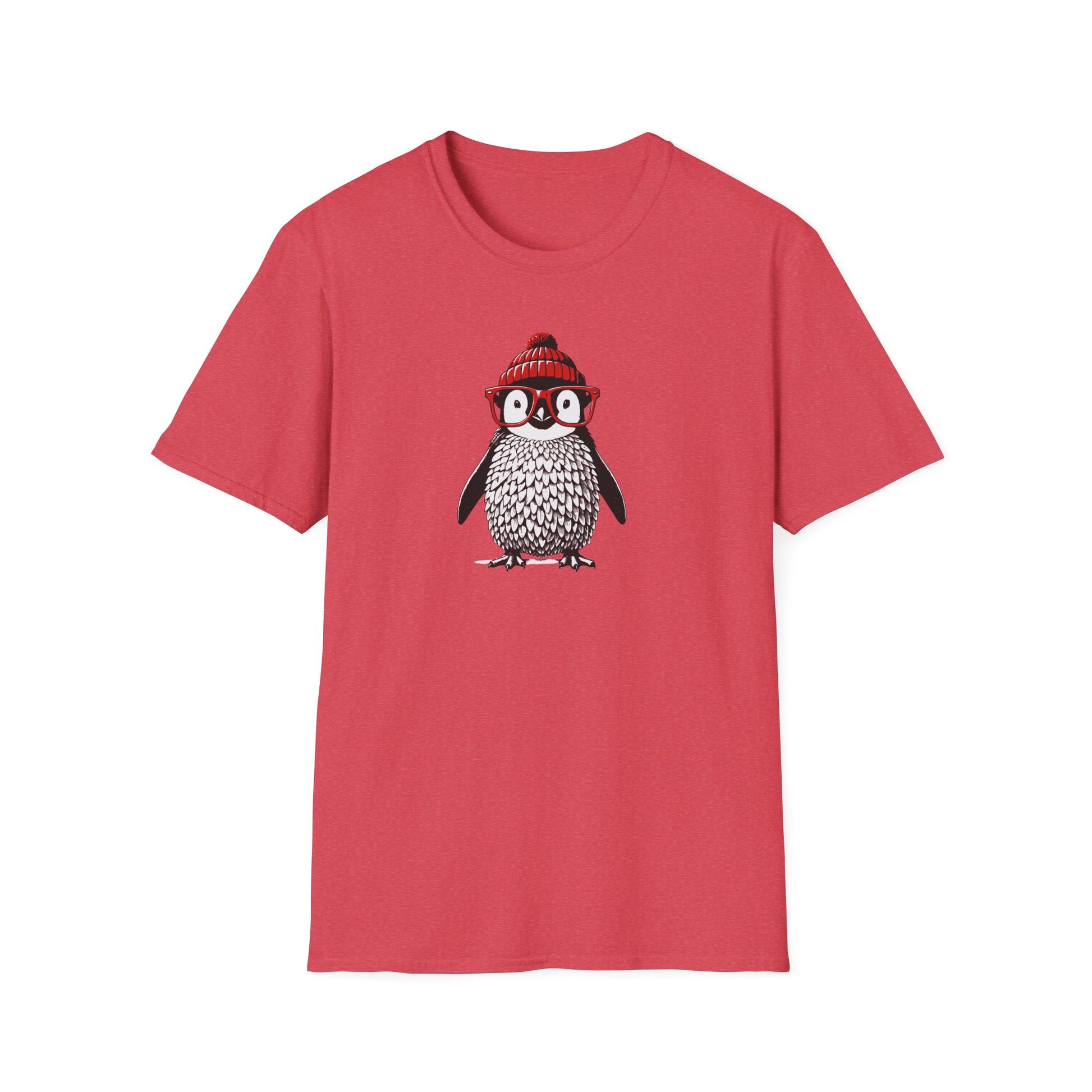 a heather red colored t-shirt with an image of a penguin wearing a red beanie and red eyeglasses