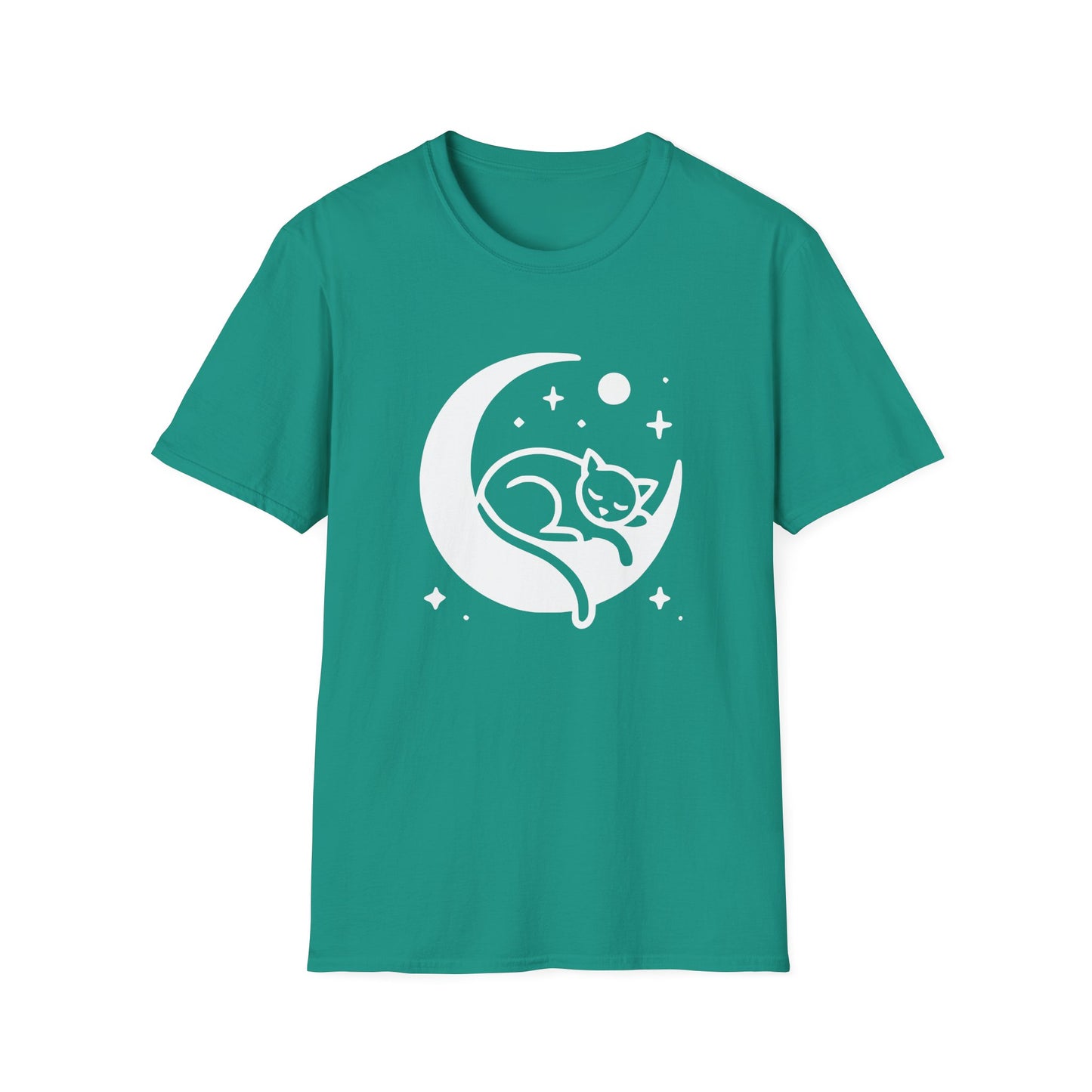 a jade dome colored t-shirt with an image of a kitten sleeping on a crescent moon