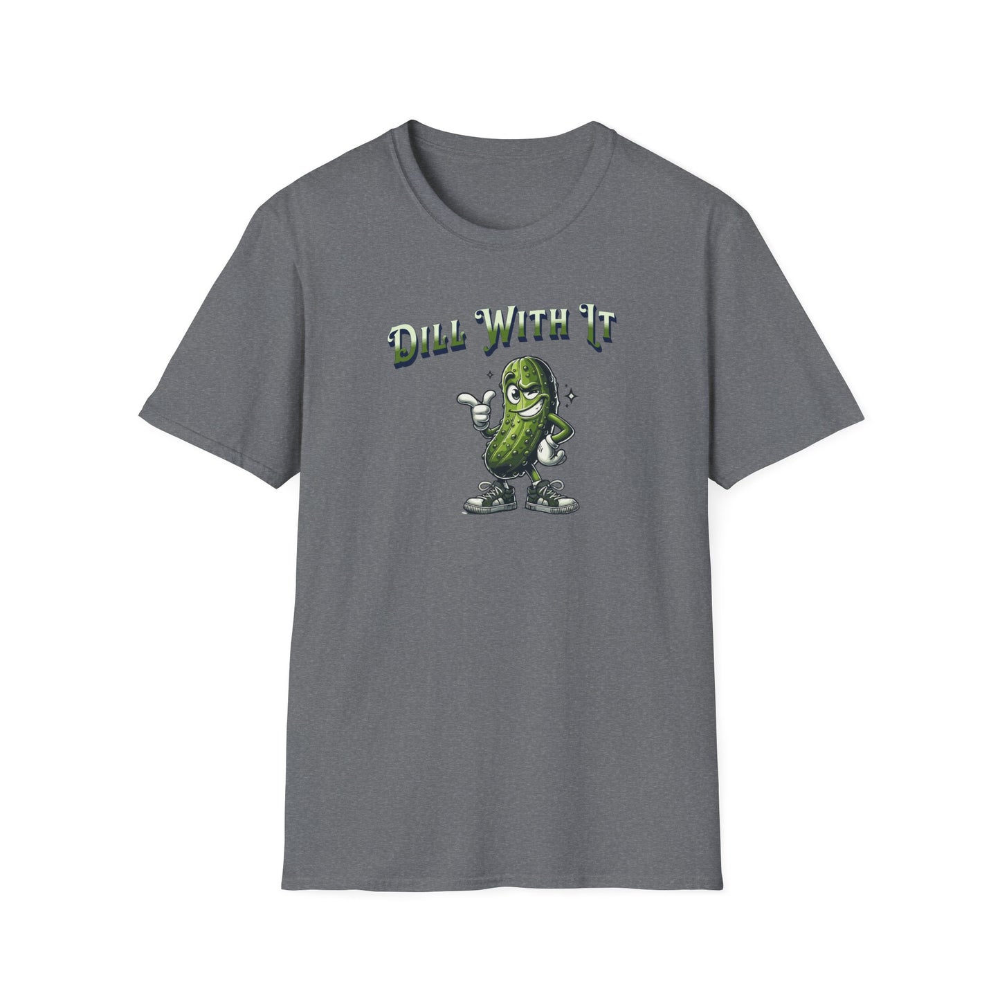 Graphite heather t-shirt featuring a snarky pickle with a smirking expression, accompanied by the text 'Dill with it.' The pickle exudes cool confidence, perfect for those who embrace their individuality and unbothered attitude.