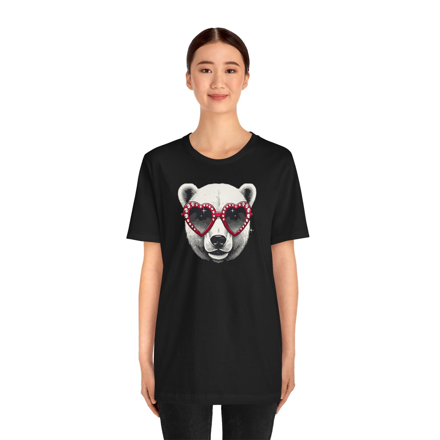 a woman wearing a black color t-shirt with a white polar bear face wearing a a heart-shaped sunglasses 