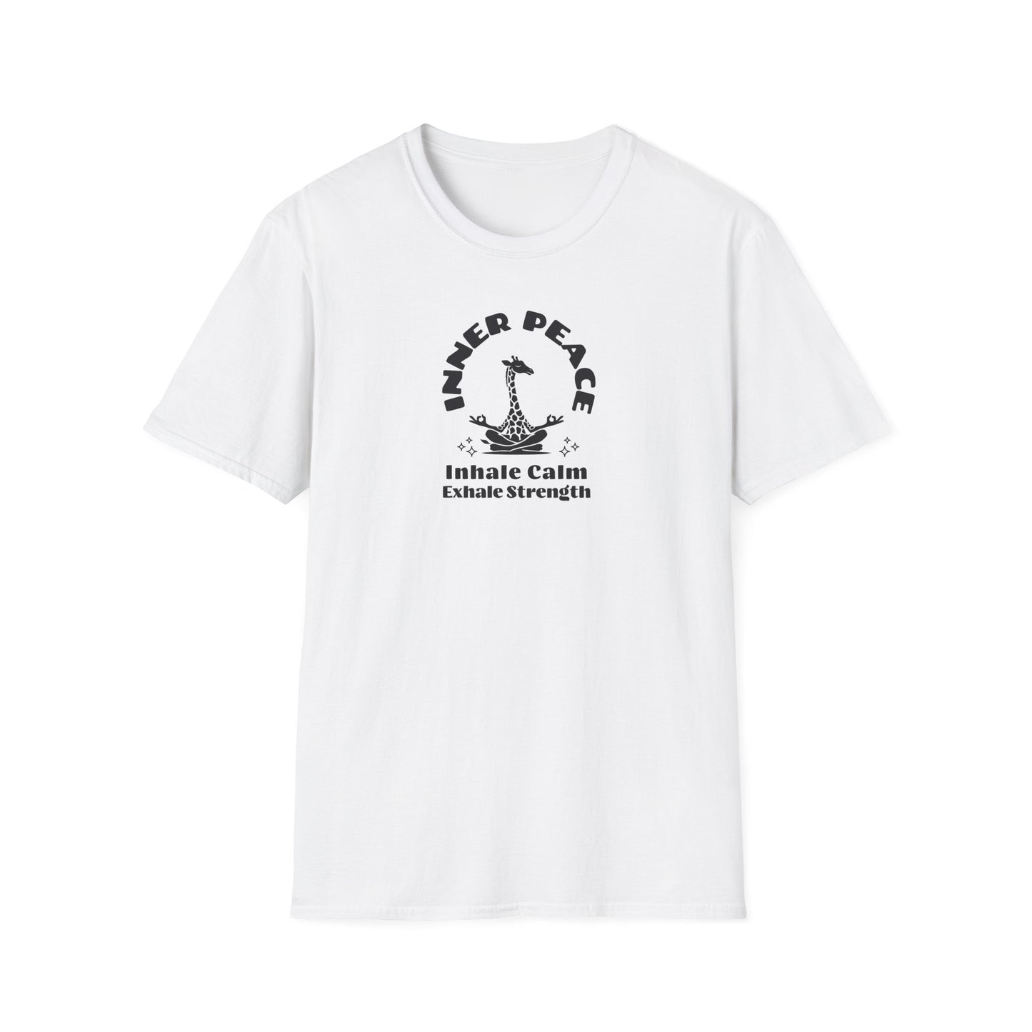  a white colored t-shirt with image of a giraffe in a zen position with the text surrounding image, inner peace, inhale clam exhale strengths.