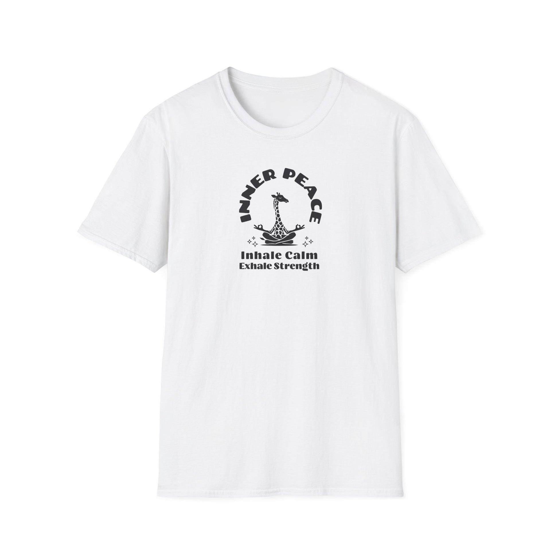  a white colored t-shirt with image of a giraffe in a zen position with the text surrounding image, inner peace, inhale clam exhale strengths.