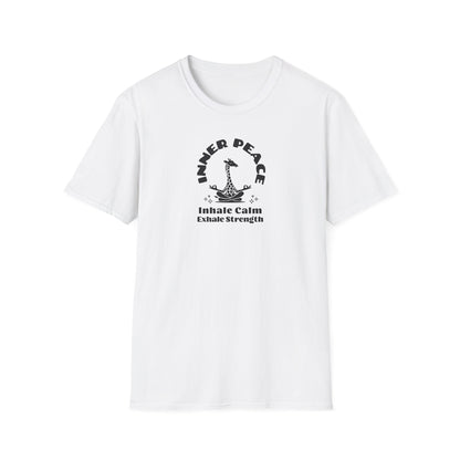  a white colored t-shirt with image of a giraffe in a zen position with the text surrounding image, inner peace, inhale clam exhale strengths.