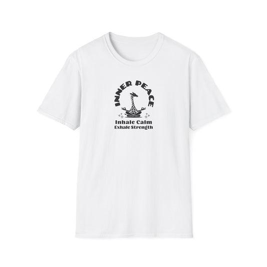  a white colored t-shirt with image of a giraffe in a zen position with the text surrounding image, inner peace, inhale clam exhale strengths.