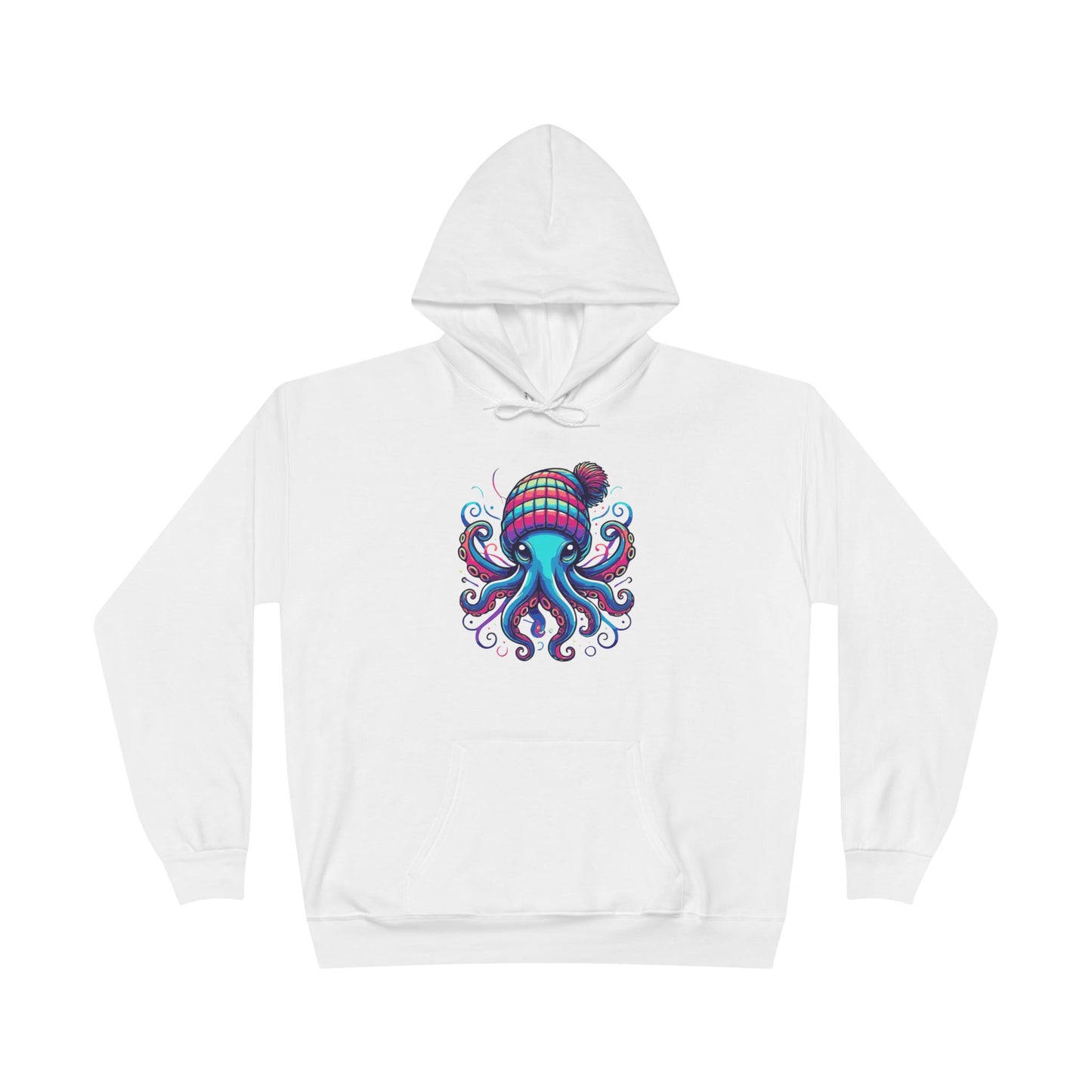 a white colored hoodie with an image of jewel-toned octopus wearing a knit cap