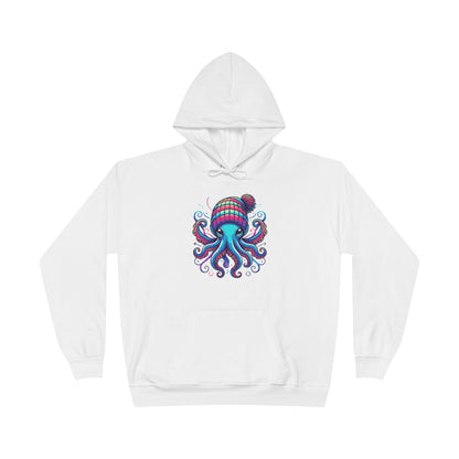 a white colored hoodie with an image of jewel-toned octopus wearing a knit cap