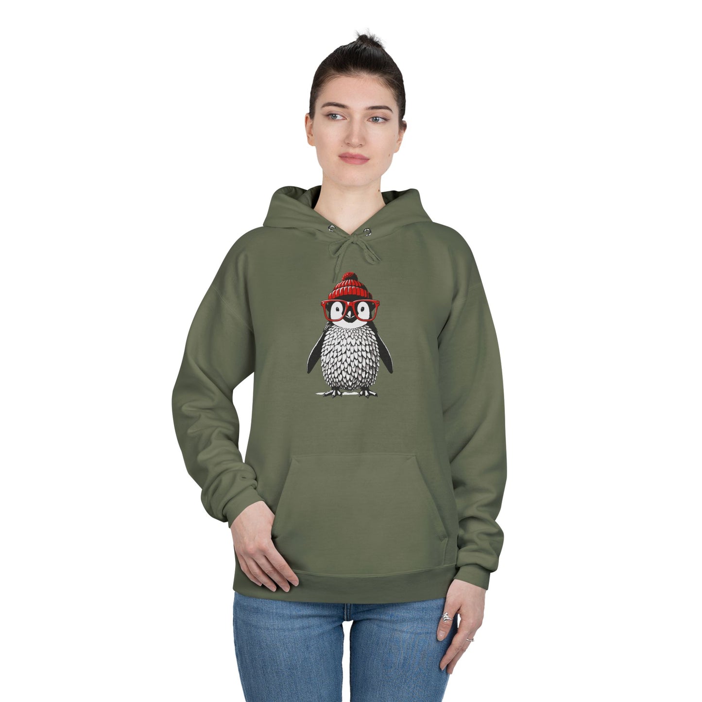 a woman a fatigue green colored hoodie with an image of a penguin wearing a red beanie and red eyeglasses